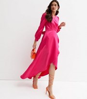 Cutie London Bright Pink Satin Long Sleeve Maxi Wrap Dress